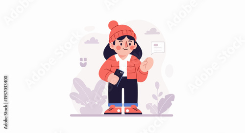 Flat illustration of a person in winter clothes holding a phone and appearing to communicate