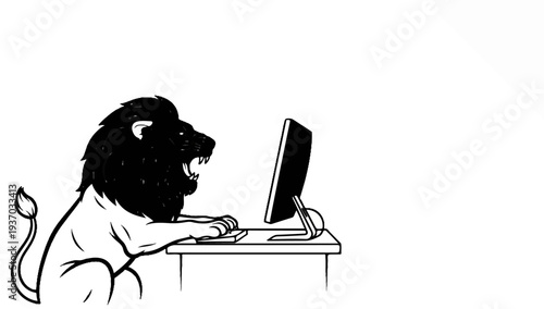 Black and white illustration of a roaring lion typing on a computer