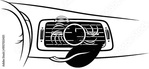 Artistic depiction of an air vent with a swirling design and leaf accent