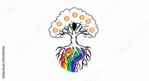 Stylized tree with bitcoin symbols as fruit on rainbow roots