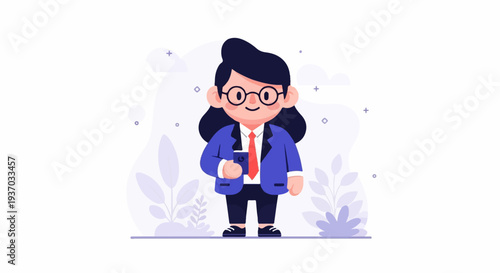 A stylized cartoon figure in a blue blazer, red tie, and glasses, holds a phone