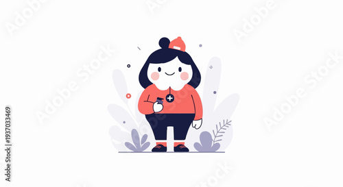 Cheerful cartoon character in red and navy with a hat, holding a bottle