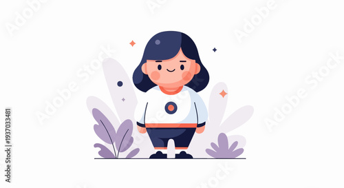 Cute cartoon character with dark hair, rosy cheeks, and a white shirt with blue details