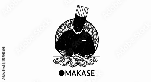 Chef preparing oysters in a circular graphic with text below