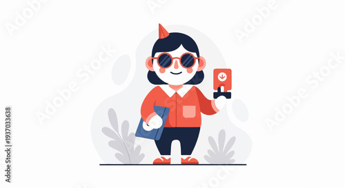 Cheerful character with party hat, glasses, and download icon device