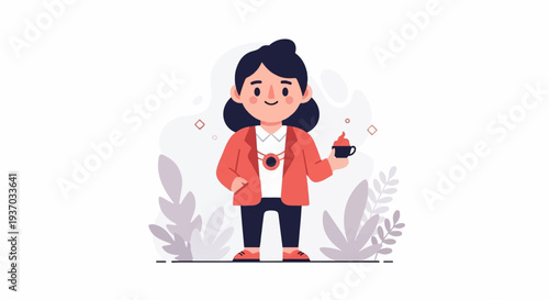 A stylized person in a coral jacket and dark pants holds a steaming cup of coffee