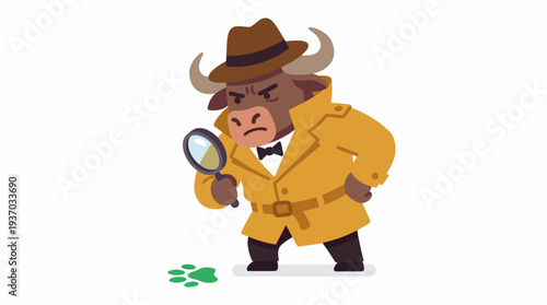 Cartoon bull detective in a trench coat and fedora hat holding a magnifying glass, investigating green footprints on a white background