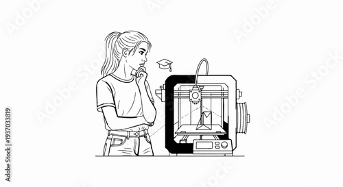 Thoughtful student observing a 3D printer creating a small object