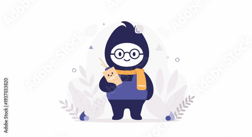 Whimsical creature in glasses and scarf holding a cup, surrounded by stylized leaves