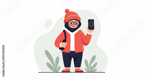 A person in winter attire holds a phone, standing near greenery