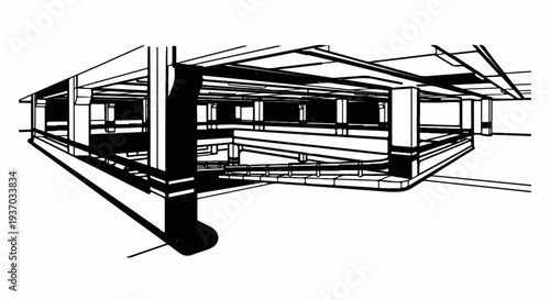 Abstract line art depicts a multi-level architectural structure with shadows