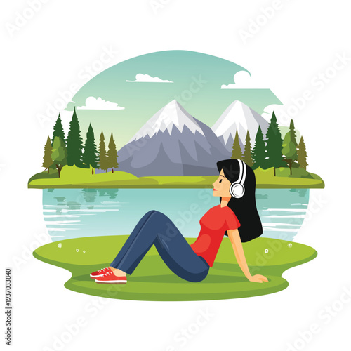 Woman listening to music outdoors near mountains