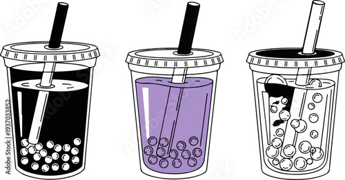 Three stylized cups with straws and tapioca pearls, representing drinks