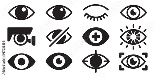 Diverse eye icons representing vision, surveillance, and monitoring, with varied graphic styles and meanings.