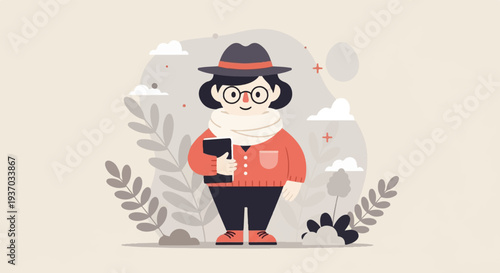 A cheerful, round character with glasses, a hat, and a scarf, holding a book amidst stylized foliage and clouds