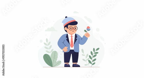 Young person in formal wear, holding a flower, amidst abstract foliage and clouds