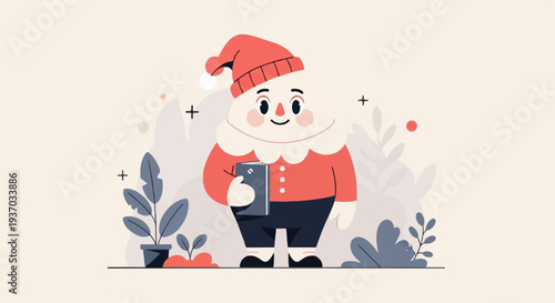 Whimsical character in festive attire holding a book amidst stylized foliage
