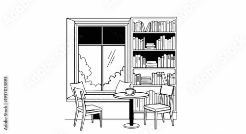 Cozy reading nook by window with bookshelf and coffee