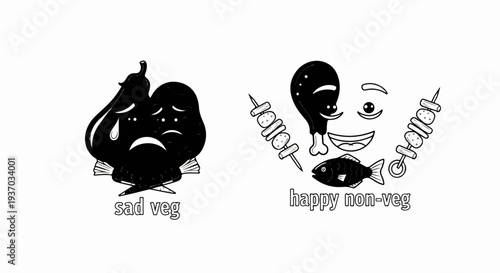 Sad vegetables contrasted with a cheerful face made of meat and fish