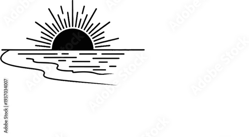 Stylized sunrise over water with sandy shore graphic