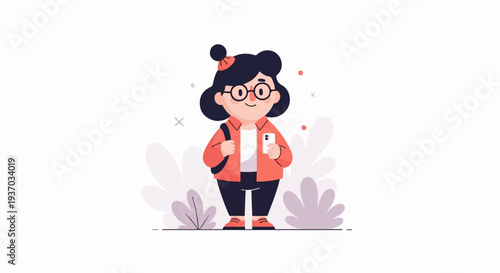 A cheerful cartoon character in an orange jacket holds a smartphone, with plants in the background