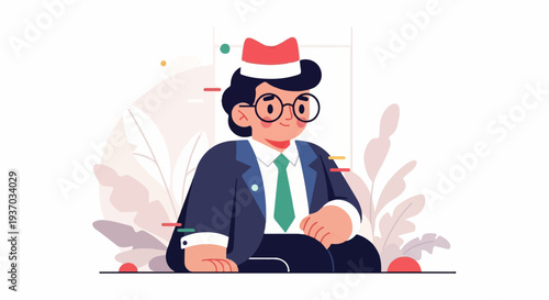 A formally dressed person with round glasses and a hat sits among stylized plants