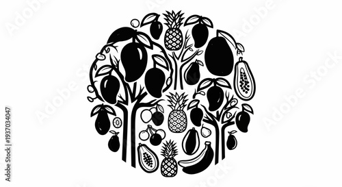 Tropical fruit medley illustration in a circular arrangement