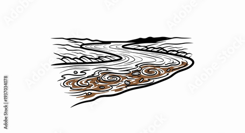 A winding river with muddy water and rocks flows through a hilly landscape