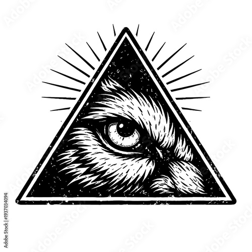 All-Seeing Owl Eye, mystic pyramid, grunge. Wisdom, esoteric knowledge, divine vigilance, enlightenment, protection, occult mystery. Black & white design for spiritual apparel, streetwear, unique art,