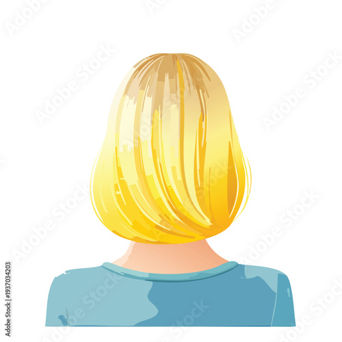 Woman from behind showing blonde hair and a green top on white background