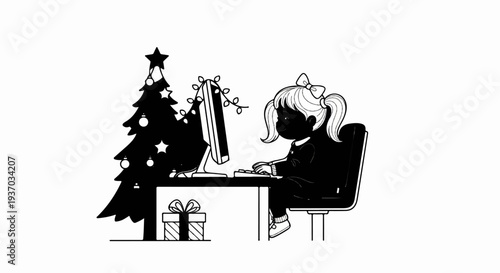 Young child at desk with computer and decorated Christmas tree