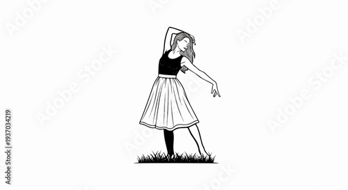 A stylishly drawn woman in a flowing skirt dances gracefully in grass