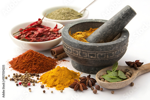 Traditional indian masala mix ingredients displayed with mortar