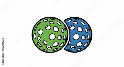 Two perforated balls, green and blue, side by side