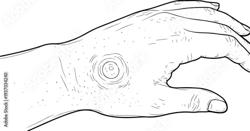 Detailed line art illustration of a human hand with speckled texture and a circular mark