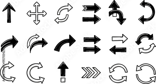 Diverse collection of hand-drawn arrows in black and white, showing various directions and styles