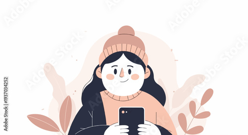 A person wearing a hat looks at their phone, surrounded by soft-colored leaves and plants