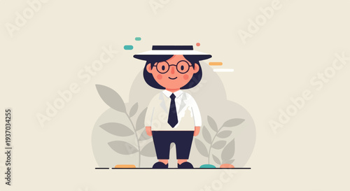 A cheerful cartoon character in a hat and tie stands amidst stylized foliage