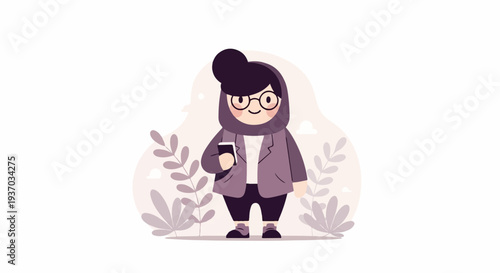 A cute, stylized illustration of a person with dark hair, glasses, and a headscarf, holding a phone