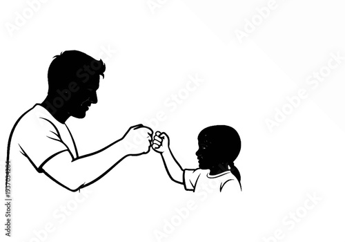 A silhouette of a man and child bumping fists, black ink