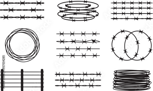 Black and white barbed wire in various shapes and arrangements sharp dangerous