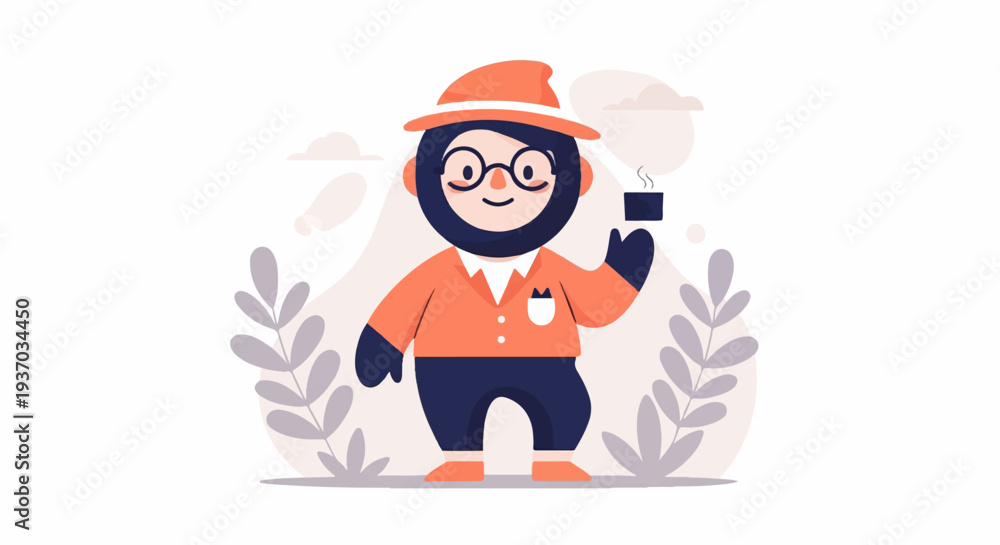 Fototapeta premium Friendly character wearing a hat and glasses, holding a hot drink amidst abstract foliage