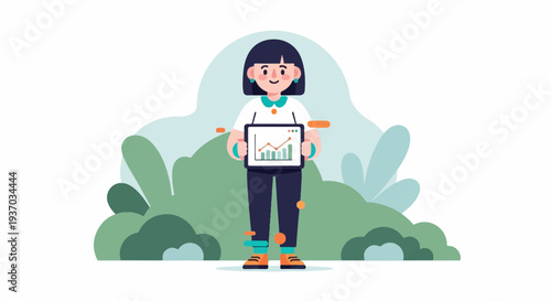 A stylized person holds a tablet displaying a rising bar and line graph amidst abstract greenery