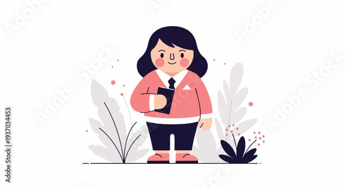 A cheerful, plump figure in a coral sweater and dark trousers holds a small book