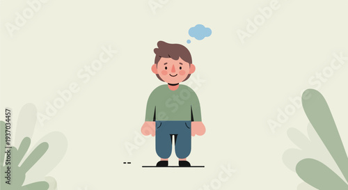 A cheerful cartoon boy stands with a thought bubble above his head