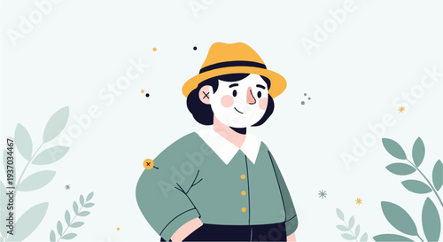Animated person in a yellow hat and green shirt, with leaves and dots