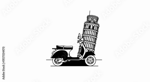 Leaning tower topped by a vintage scooter