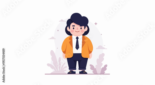 A cheerful, plump person in a sharp orange jacket, white shirt, and dark tie