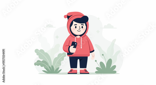 Cute character in a red hoodie holding a smartphone, surrounded by stylized greenery