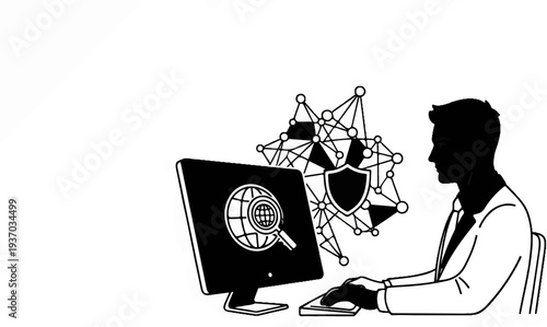 Man at computer analyzing global network security, with data connections
